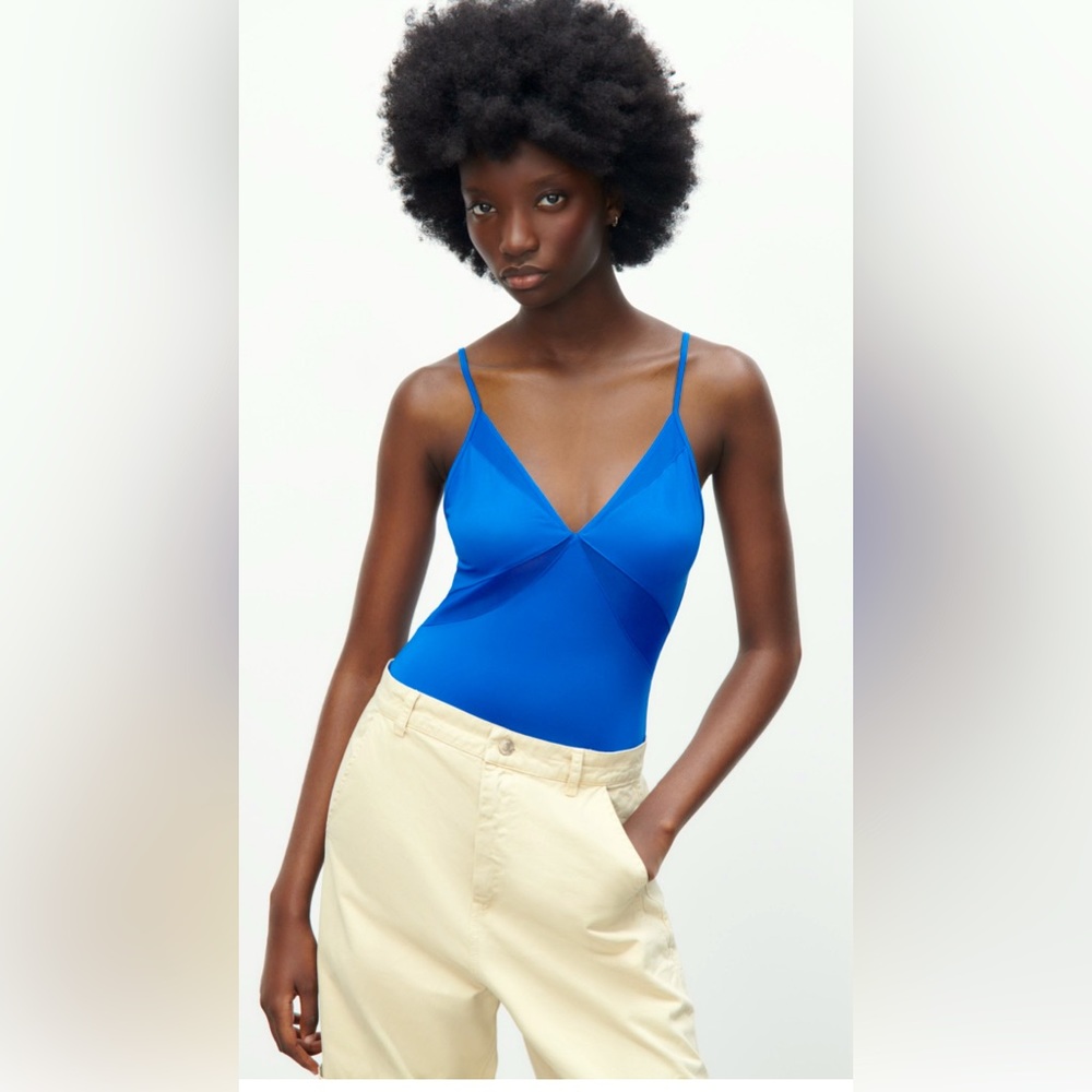 NWT Zara Blue Stretchy Bodysuit Top - Size M